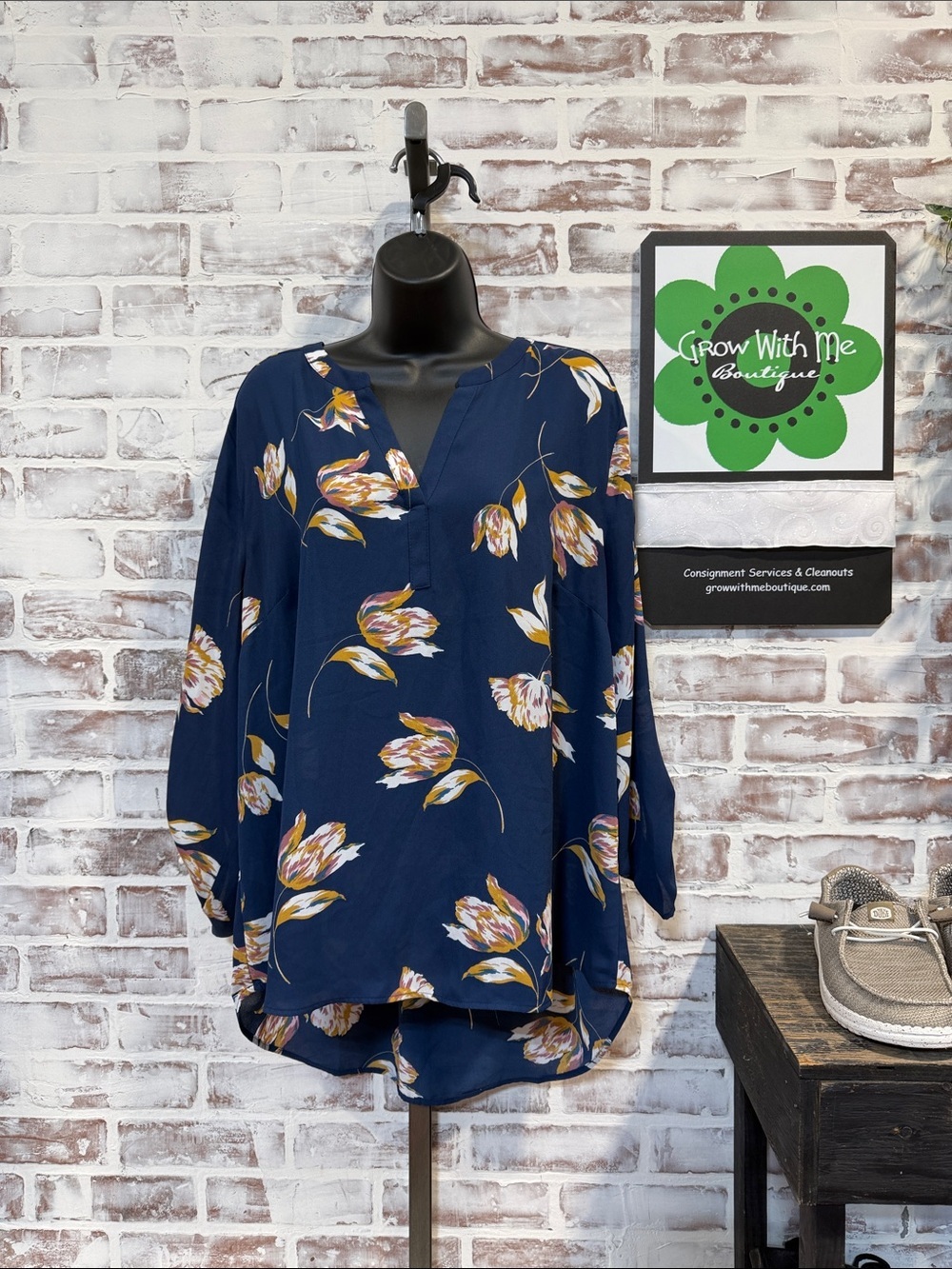 DR2 Navy Floral Split-Neck Blouse with Pink and Cream Tulips